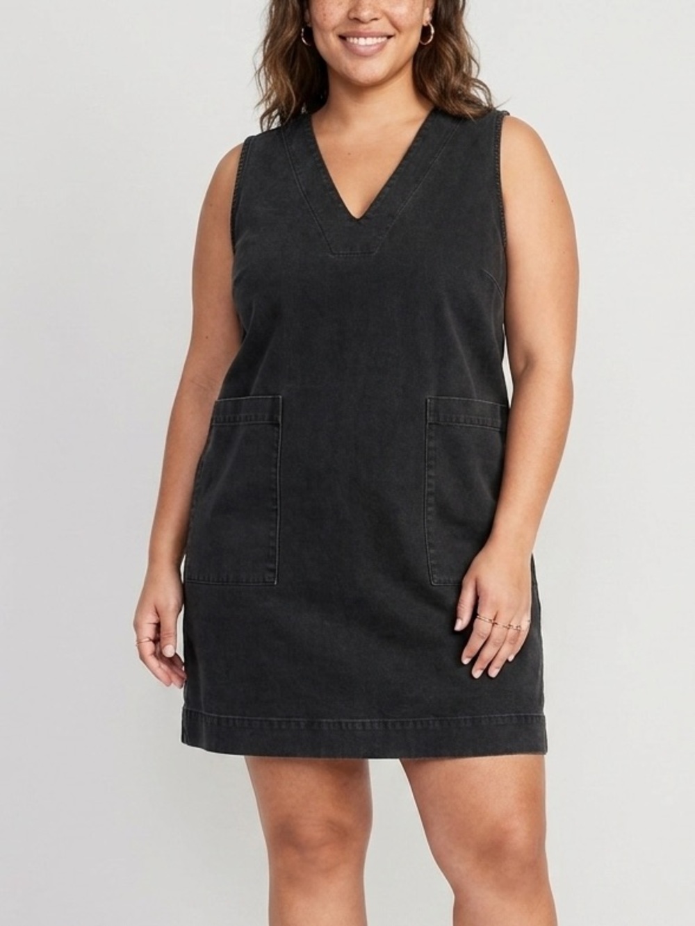 Sunja‎ Link Sleeveless V-Neck Black Denim Pinafore Mini Dress Size XL